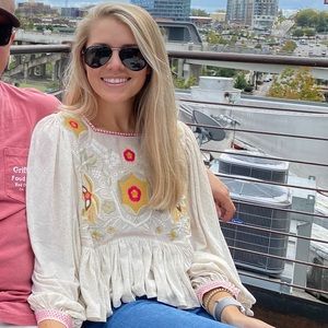 VICI Abacos Linen Blend Embroidered Peplum Top